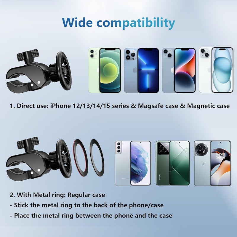 EFEALL Magnetic Phone Holder, Strong Magnet Bike Phone Mount with Two Metal Rings, for Indoor Gym Equipment(Compatible with Peloton Bike)/Stroller/Treadmill, for MagSafe iPhone Samsung and All Phone - Image 4